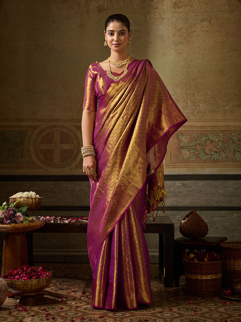 Wine Kanchivaram Silk Woven Saree