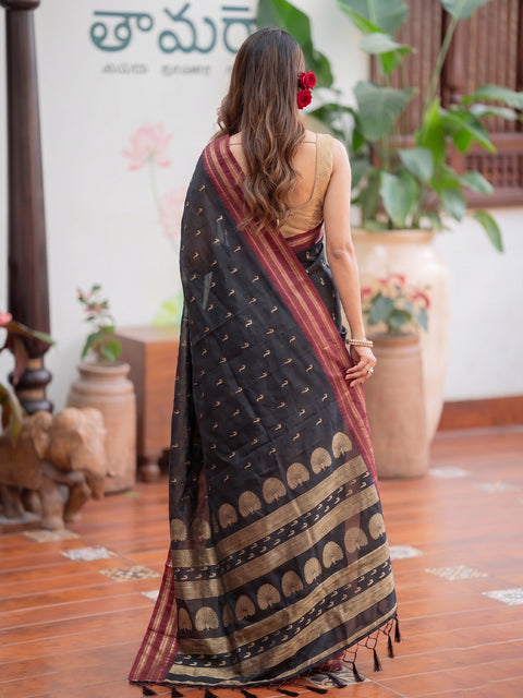 Black Soft Silk Gold Buti Woven Saree