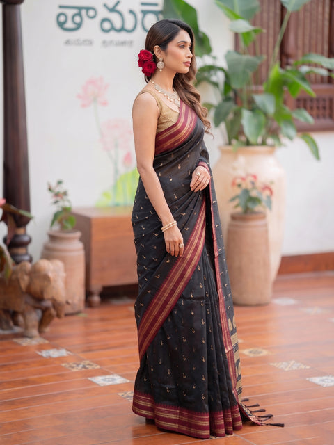 Black Soft Silk Gold Buti Woven Saree