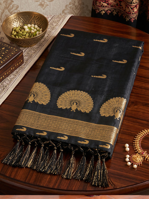 Black Soft Silk Gold Buti Woven Saree