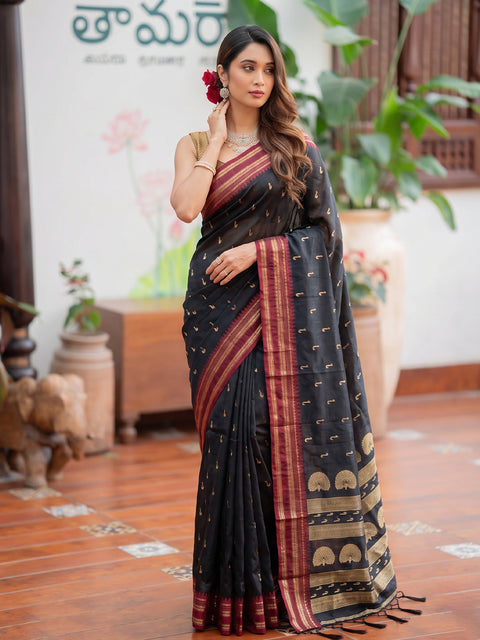 Black Soft Silk Gold Buti Woven Saree
