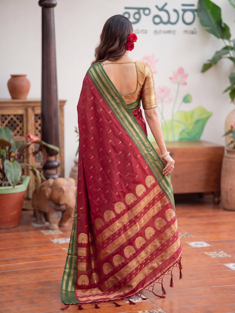 Maroon Soft Silk Gold Buti Woven Saree