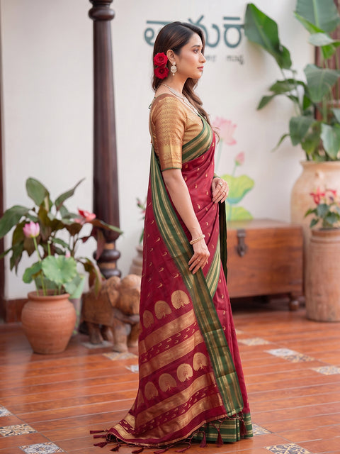 Maroon Soft Silk Gold Buti Woven Saree