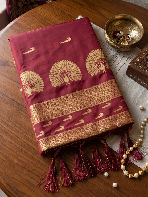 Maroon Soft Silk Gold Buti Woven Saree
