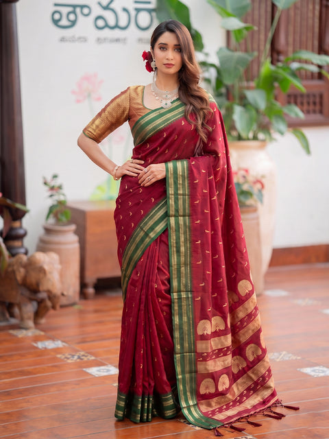 Maroon Soft Silk Gold Buti Woven Saree