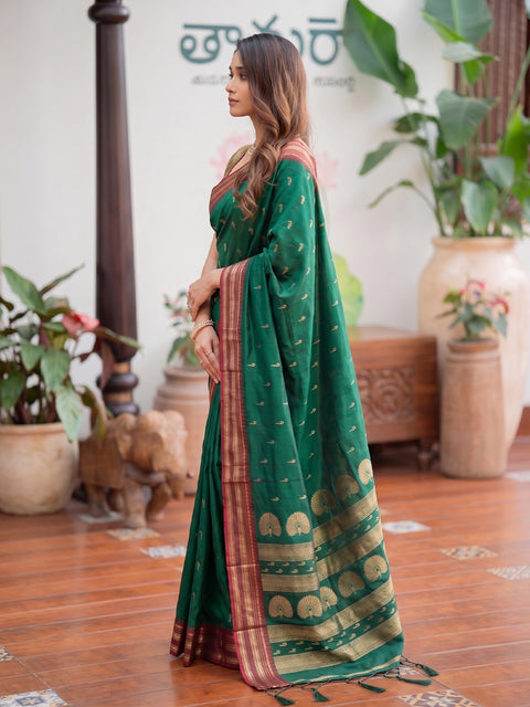 Green Soft Silk Gold Buti Woven Saree