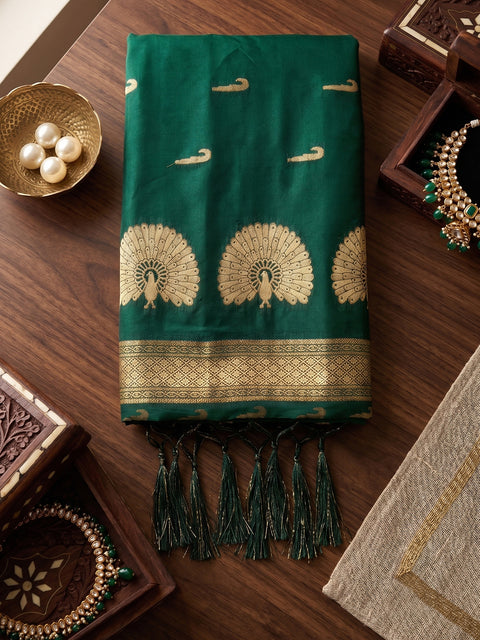 Green Soft Silk Gold Buti Woven Saree