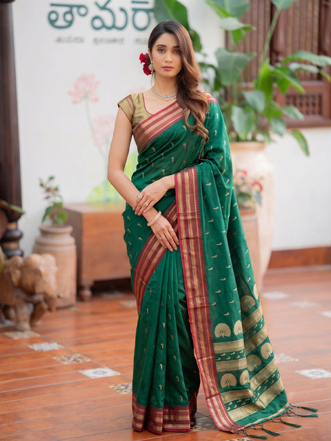 Green Soft Silk Gold Buti Woven Saree