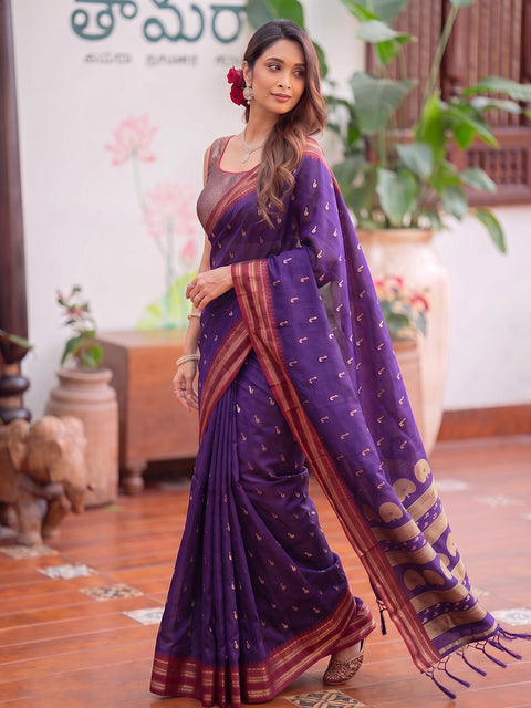Purple Soft Silk Gold Buti Woven Saree