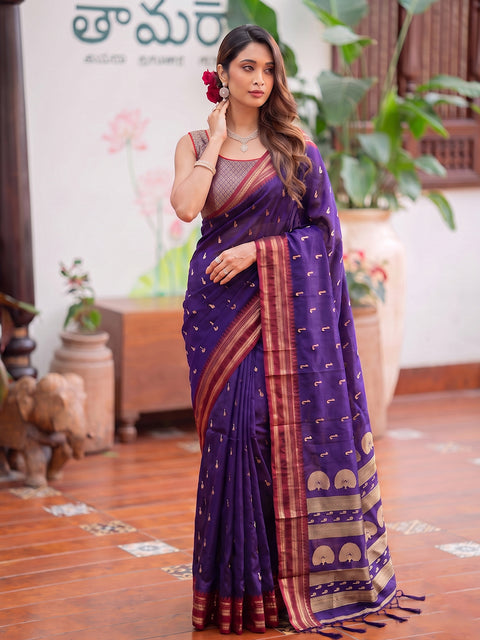 Purple Soft Silk Gold Buti Woven Saree