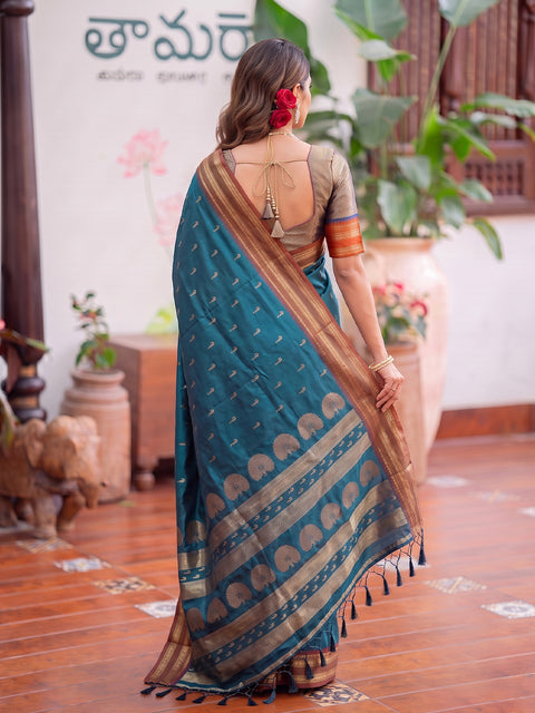Rama Blue Soft Silk Gold Buti Woven Saree