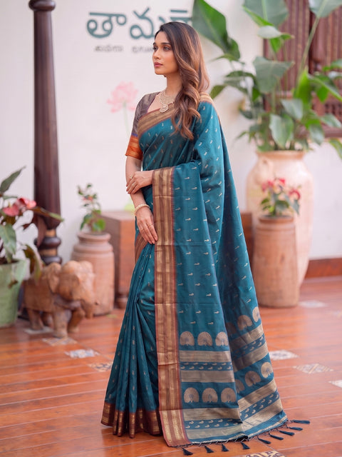 Rama Blue Soft Silk Gold Buti Woven Saree