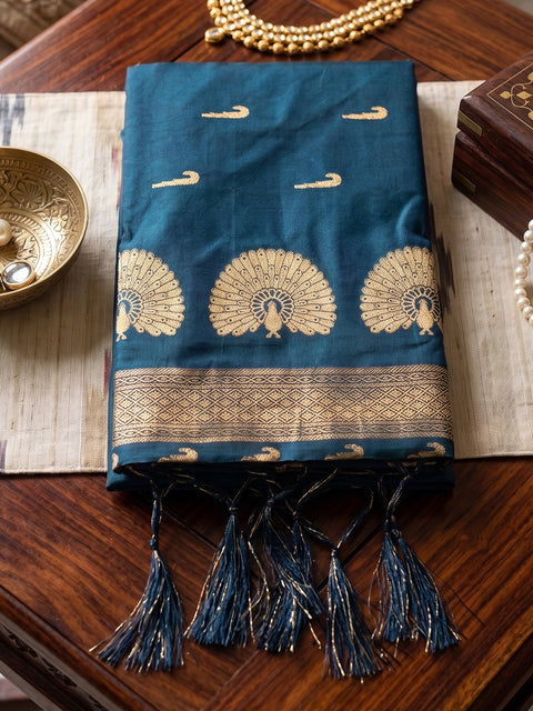 Rama Blue Soft Silk Gold Buti Woven Saree
