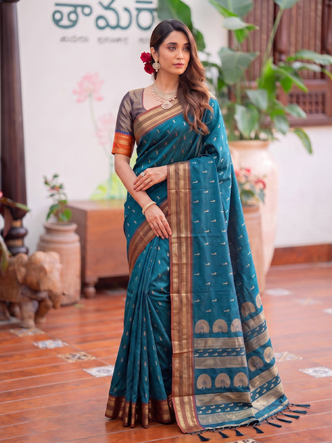 Rama Blue Soft Silk Gold Buti Woven Saree