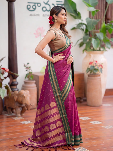 Dark Pink Soft Silk Gold Buti Woven Saree