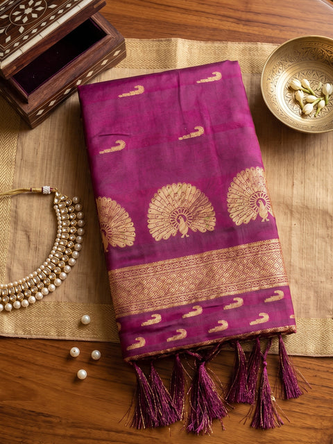Dark Pink Soft Silk Gold Buti Woven Saree