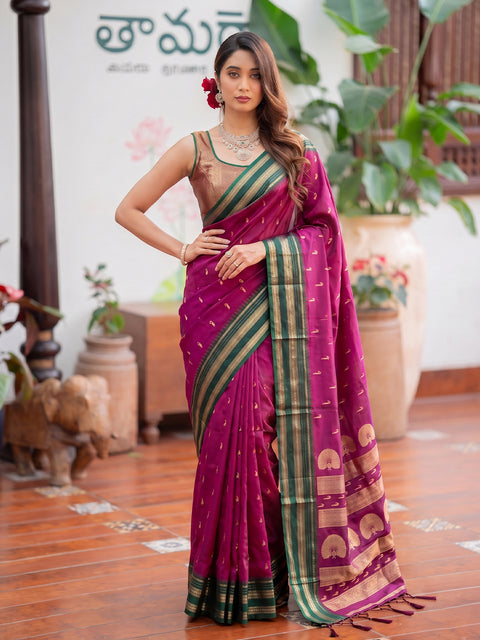 Dark Pink Soft Silk Gold Buti Woven Saree