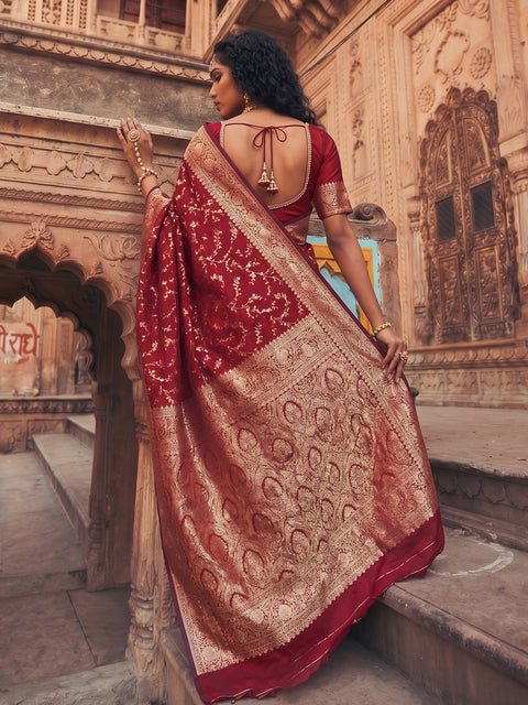 Red Art Silk Banarasi Zari Woven Saree with Running Unstitched Blouse Piece
