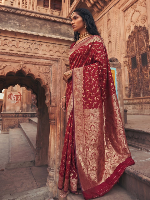 Red Art Silk Banarasi Zari Woven Saree with Running Unstitched Blouse Piece