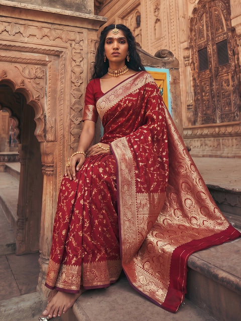 Red Art Silk Banarasi Zari Woven Saree with Running Unstitched Blouse Piece