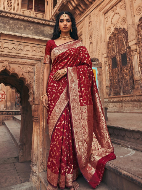 Red Art Silk Banarasi Zari Woven Saree with Running Unstitched Blouse Piece