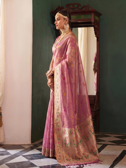 Dusty Pink Tissue Silk Floral Buti Woven Saree with Broad Contrast Floral Border & Pallu