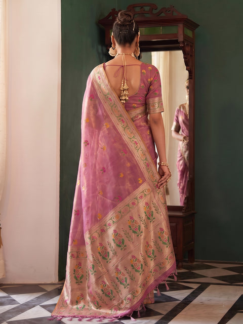 Dusty Pink Tissue Silk Floral Buti Woven Saree with Broad Contrast Floral Border & Pallu