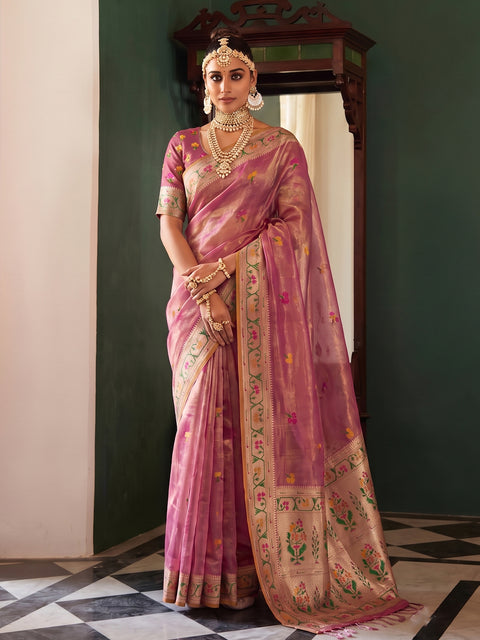 Dusty Pink Tissue Silk Floral Buti Woven Saree with Broad Contrast Floral Border & Pallu