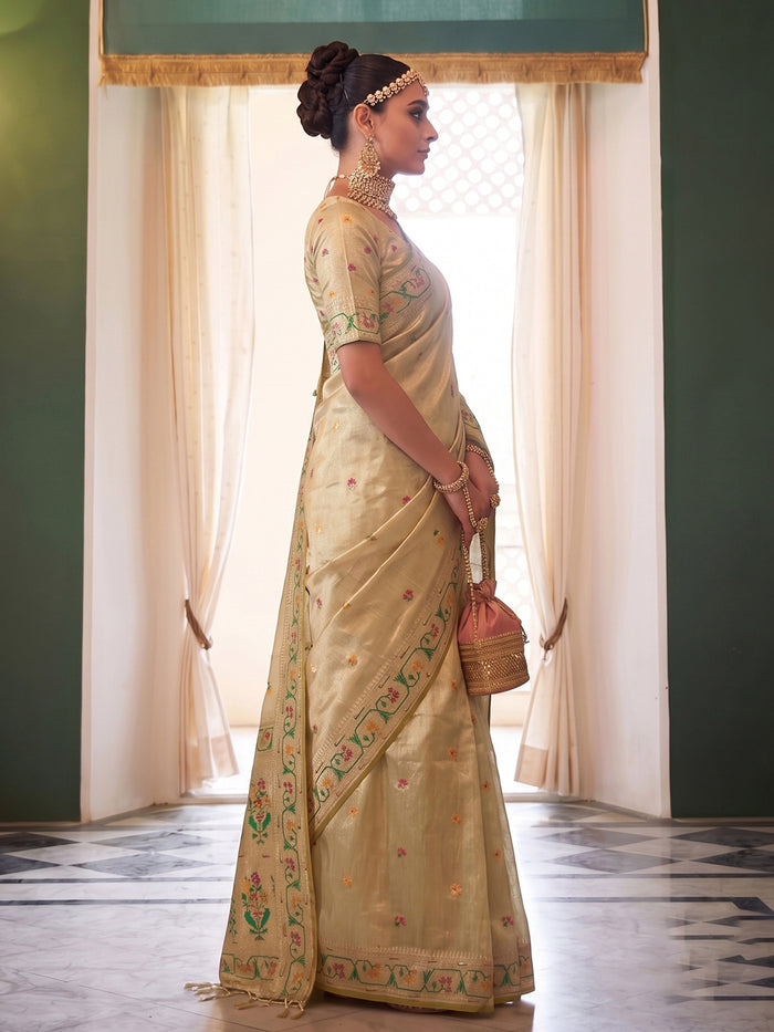 Beige Tissue Silk Floral Buti Woven Saree with Contrast Floral Pallu