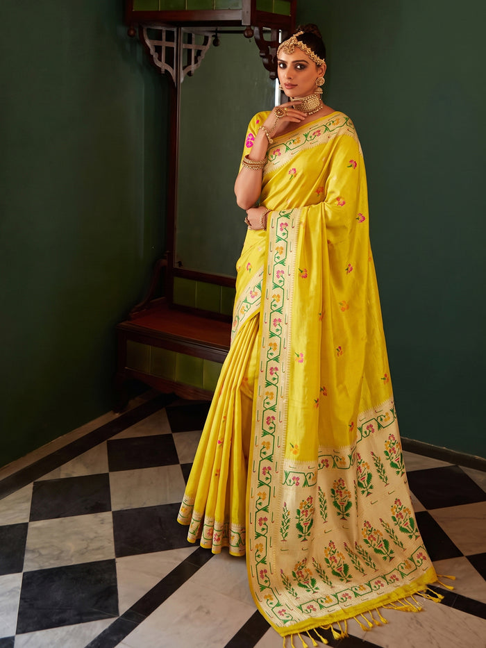 Yellow Tissue Silk Floral Buti Woven Saree with Contrast Floral Pallu