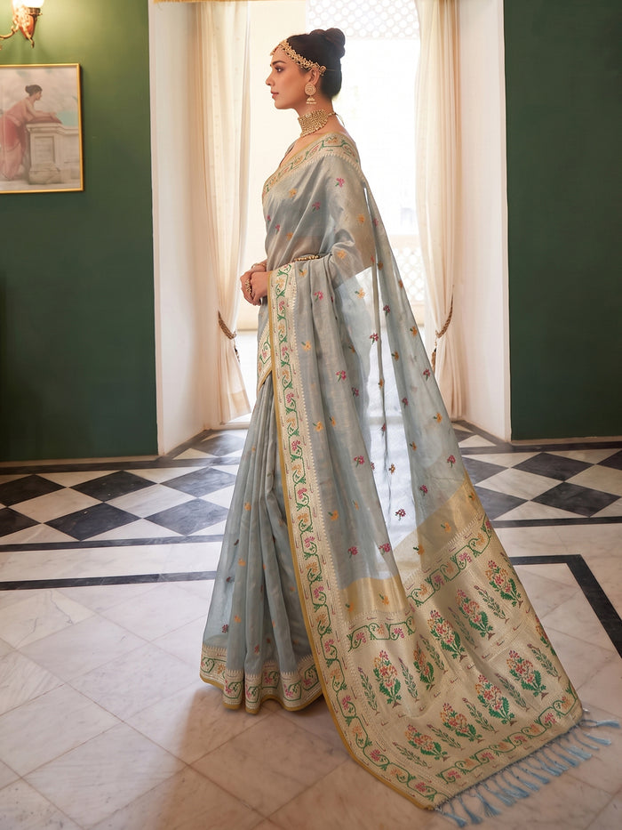 Grey Tissue Silk Floral Buti Woven Saree with Contrast Floral Pallu