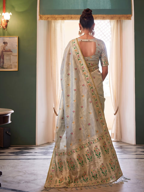 Grey Tissue Silk Floral Buti Woven Saree with Contrast Floral Pallu