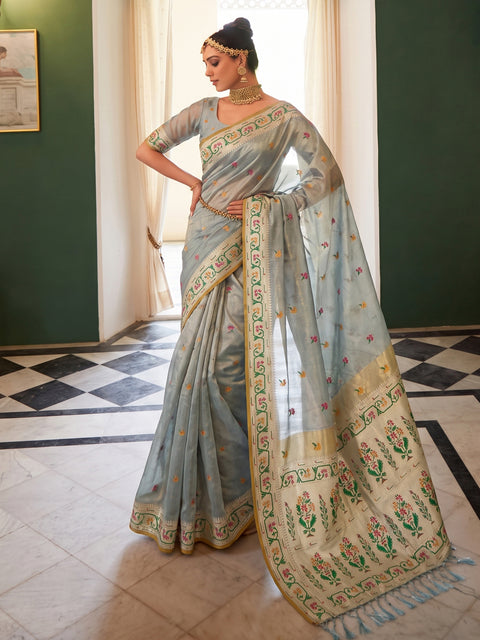 Grey Tissue Silk Floral Buti Woven Saree with Contrast Floral Pallu