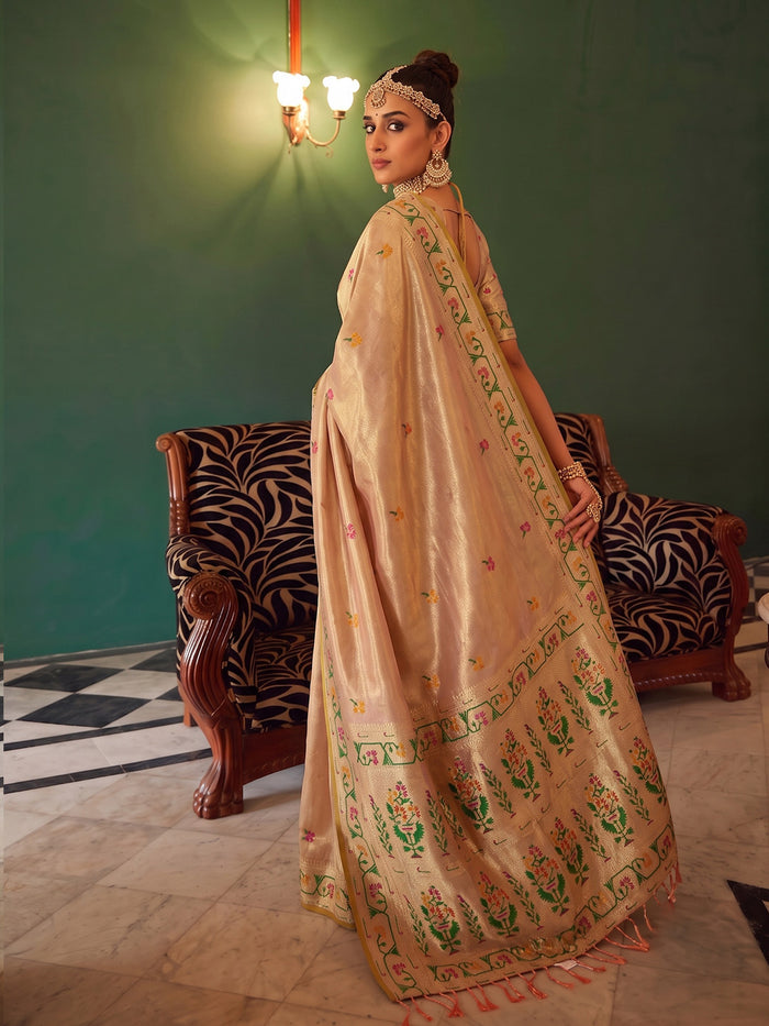 Peach Tissue Silk Floral Buti Woven Saree with Contrast Floral Pallu