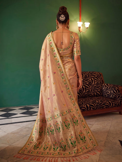 Peach Tissue Silk Floral Buti Woven Saree with Contrast Floral Pallu