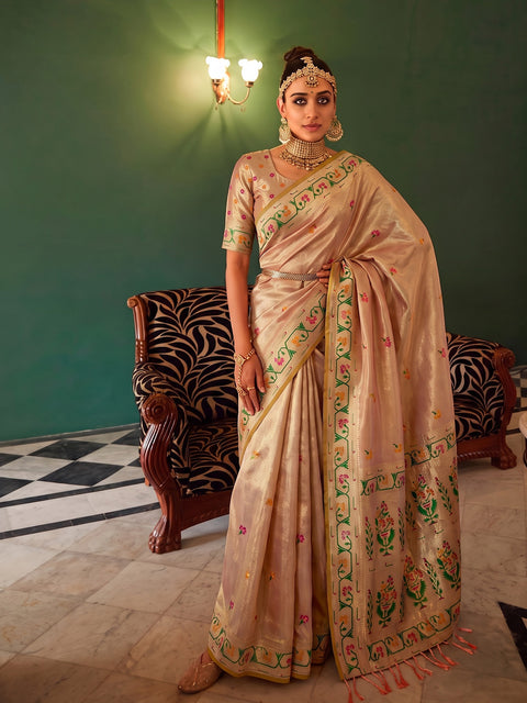 Peach Tissue Silk Floral Buti Woven Saree with Contrast Floral Pallu