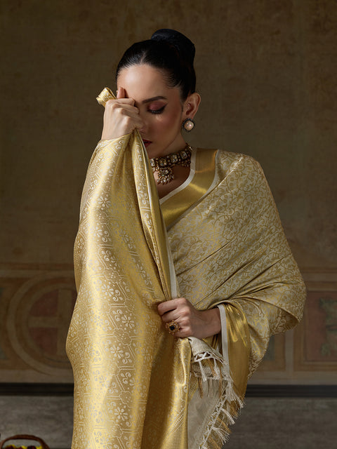 Beige Kanjivaram Silk Woven Saree