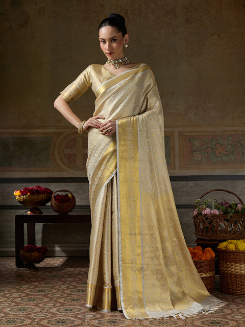 Beige Kanjivaram Silk Woven Saree