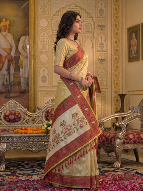 Beige Tissue Silk Woven Saree with Traditional Decorative Pallu