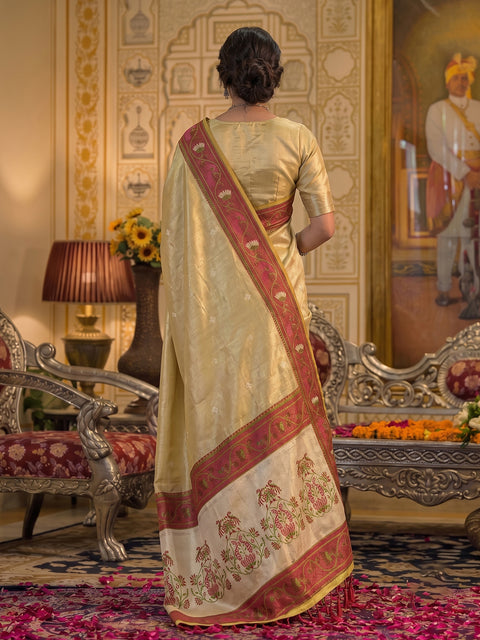 Beige Tissue Silk Woven Saree with Traditional Decorative Pallu