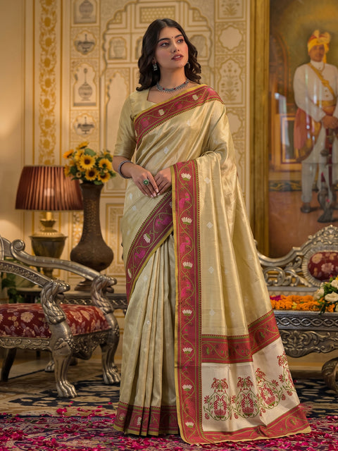 Beige Tissue Silk Woven Saree with Traditional Decorative Pallu