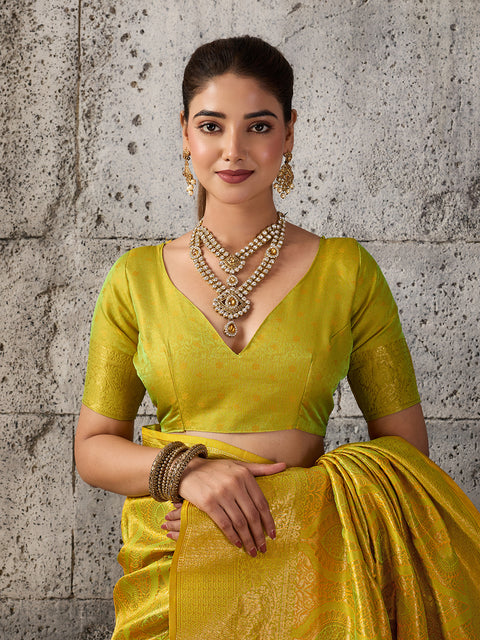 Mustard Yellow Kanjivaram Silk Blend Woven Design Saree with Running Blouse Piece