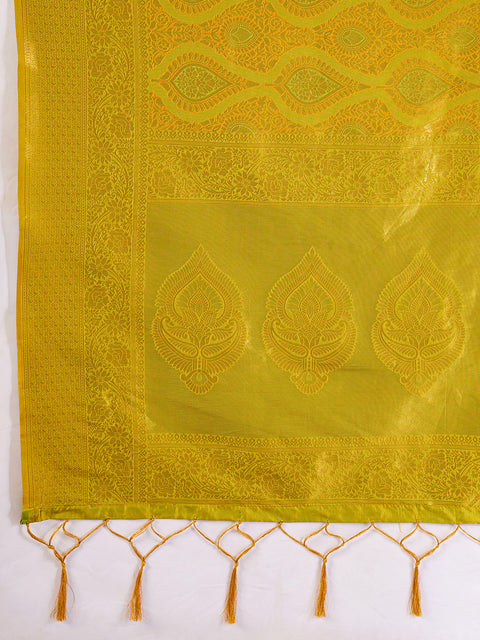 Mustard Yellow Kanjivaram Silk Blend Woven Design Saree with Running Blouse Piece
