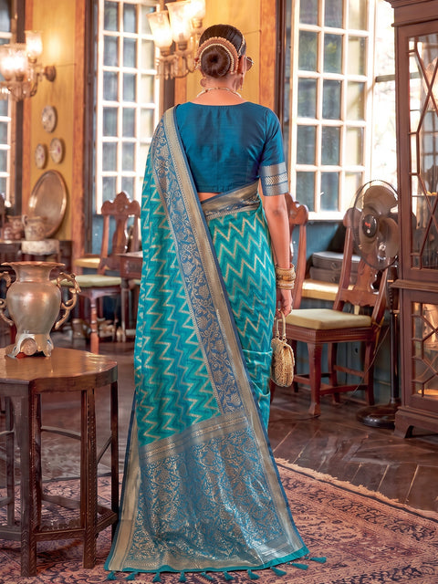 Teal Blue Silk Zigzag Woven Saree