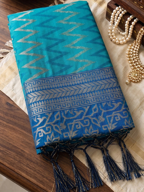 Teal Blue Silk Zigzag Woven Saree
