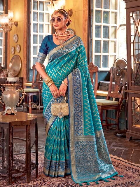 Teal Blue Silk Zigzag Woven Saree