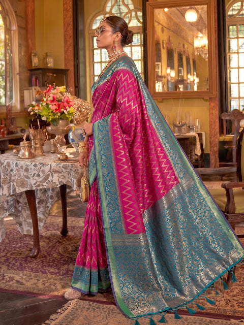 Rani Pink Silk Zigzag Woven Saree