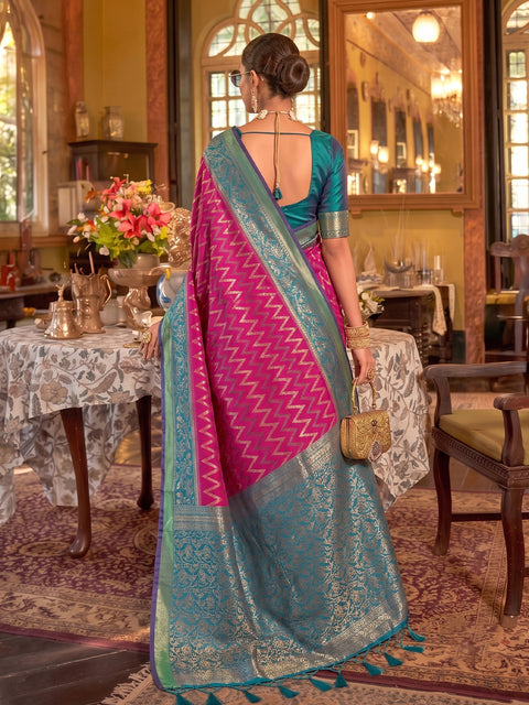 Rani Pink Silk Zigzag Woven Saree