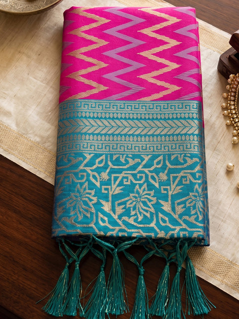 Rani Pink Silk Zigzag Woven Saree