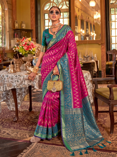 Rani Pink Silk Zigzag Woven Saree